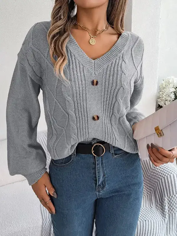 New autumn and winter solid color V-neck buttoned twist lantern sleeve pullover sweater