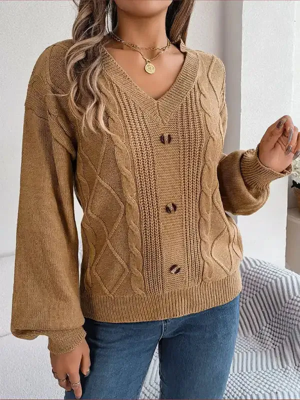 New autumn and winter solid color V-neck buttoned twist lantern sleeve pullover sweater
