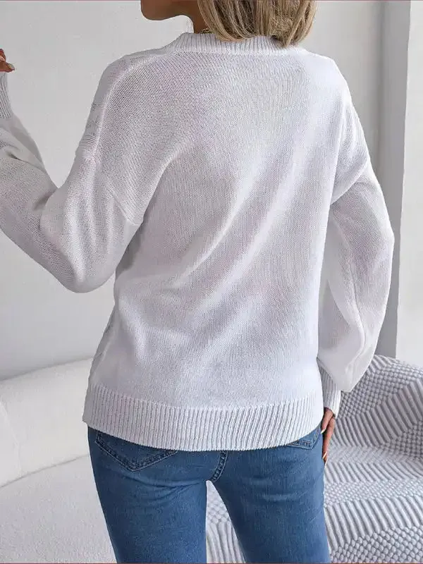 New autumn and winter solid color V-neck buttoned twist lantern sleeve pullover sweater