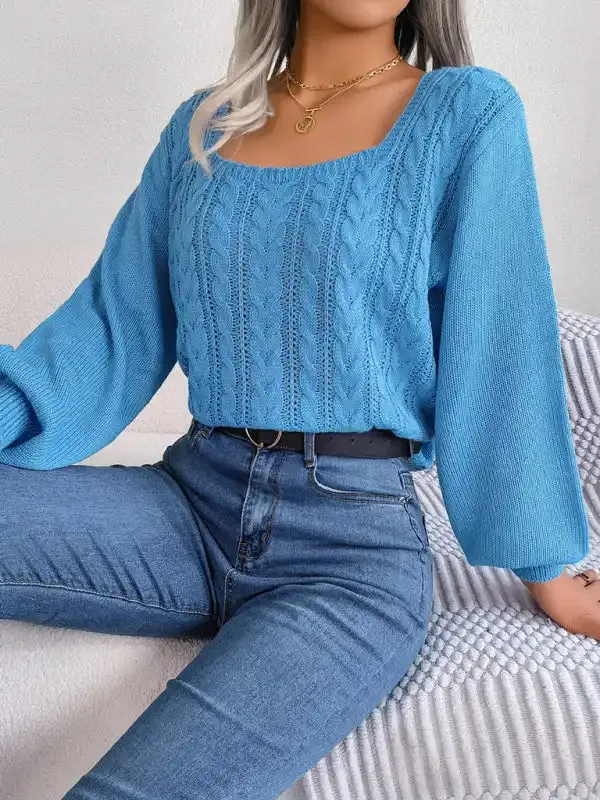 New casual square neck twist lantern sleeve pullover sweater