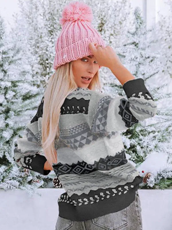 New retro pattern diamond jacquard multi-color patchwork sweater loose round neck pullover sweater