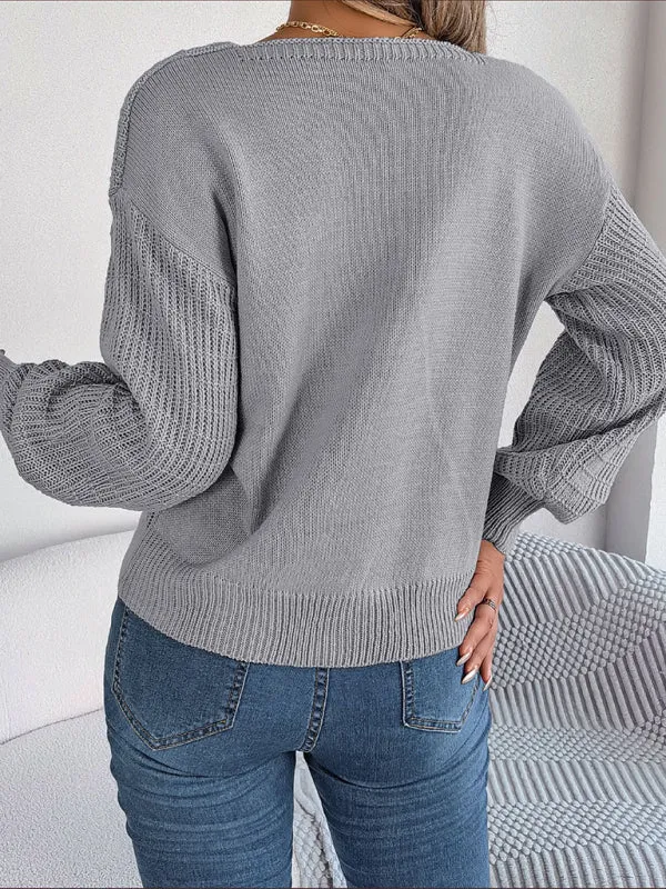 New Women's Solid Color Square Neck Twist Lantern Sleeves Knitted Pullover Sweater