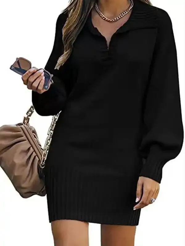 New women’s sweater mid-length skirt lapel lantern sleeve pullover loose knitted sweater