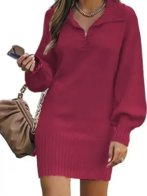 New women’s sweater mid-length skirt lapel lantern sleeve pullover loose knitted sweater