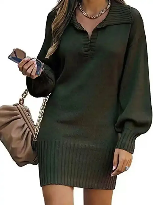 New women’s sweater mid-length skirt lapel lantern sleeve pullover loose knitted sweater