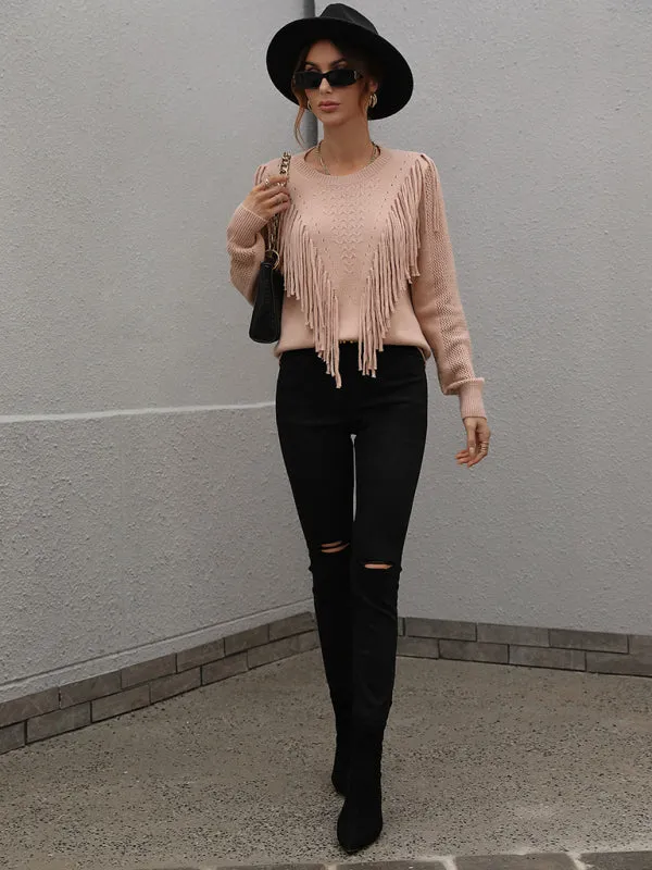 Pullover loose solid color knit fringed sweater