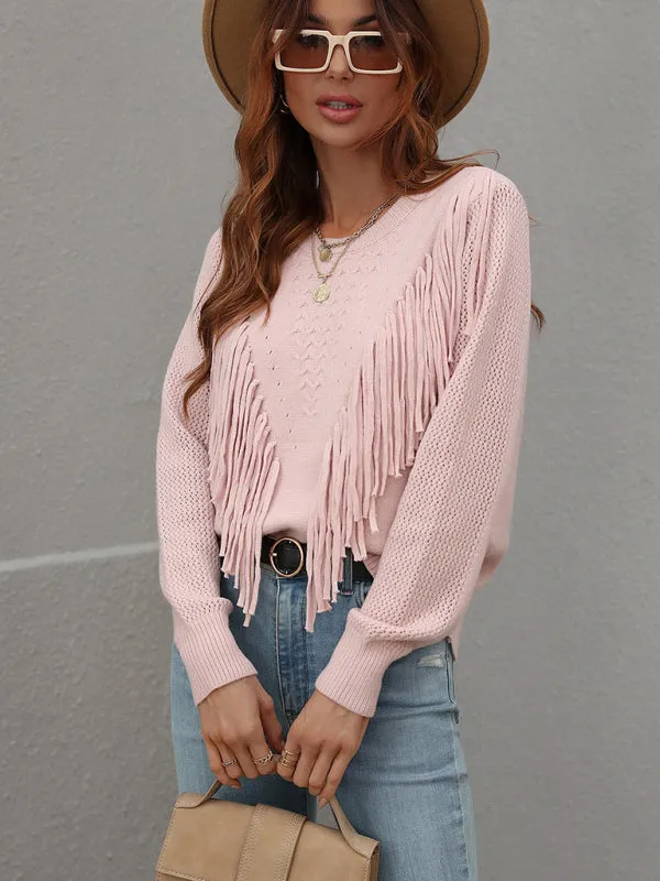 Pullover loose solid color knit fringed sweater