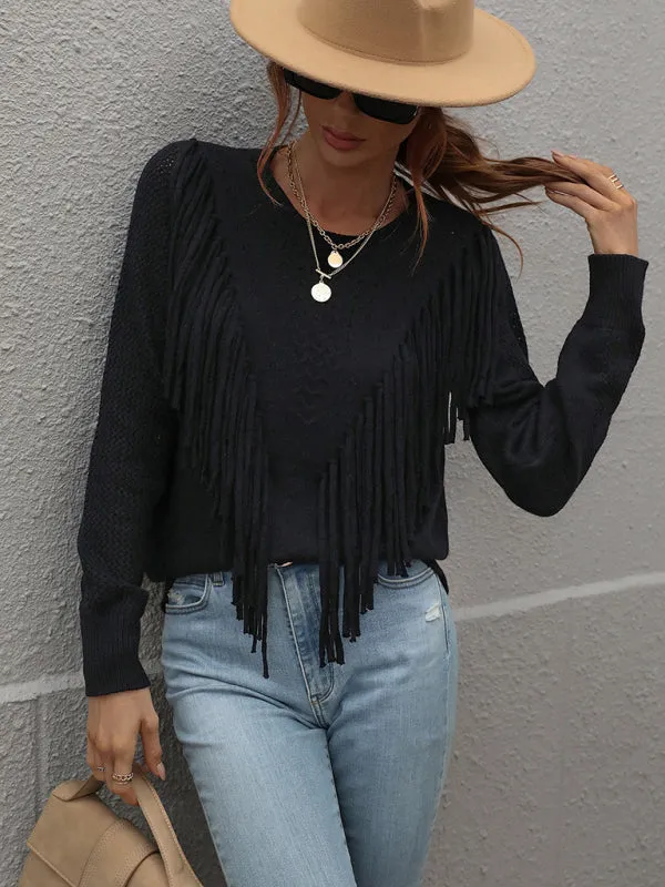Pullover loose solid color knit fringed sweater