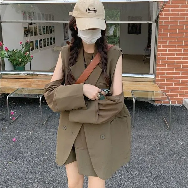 Retro Casual Suit Vest   Shoulderless Loose Shirt