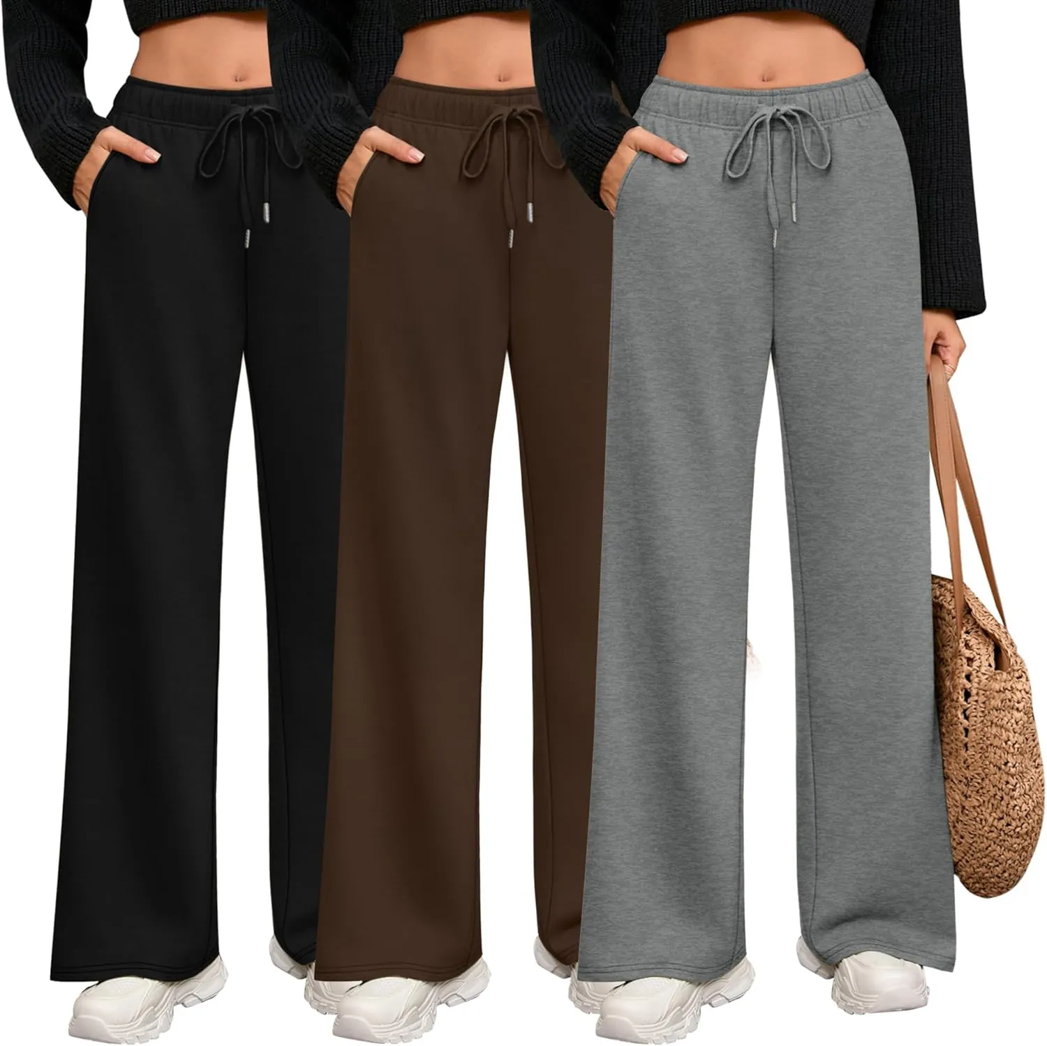 Riyiper 3 Pack Women Wide Leg Sweatpants Drawstring Straight Pants Elastic Waist Joggers Open Bottom Sweatpants with Pockets