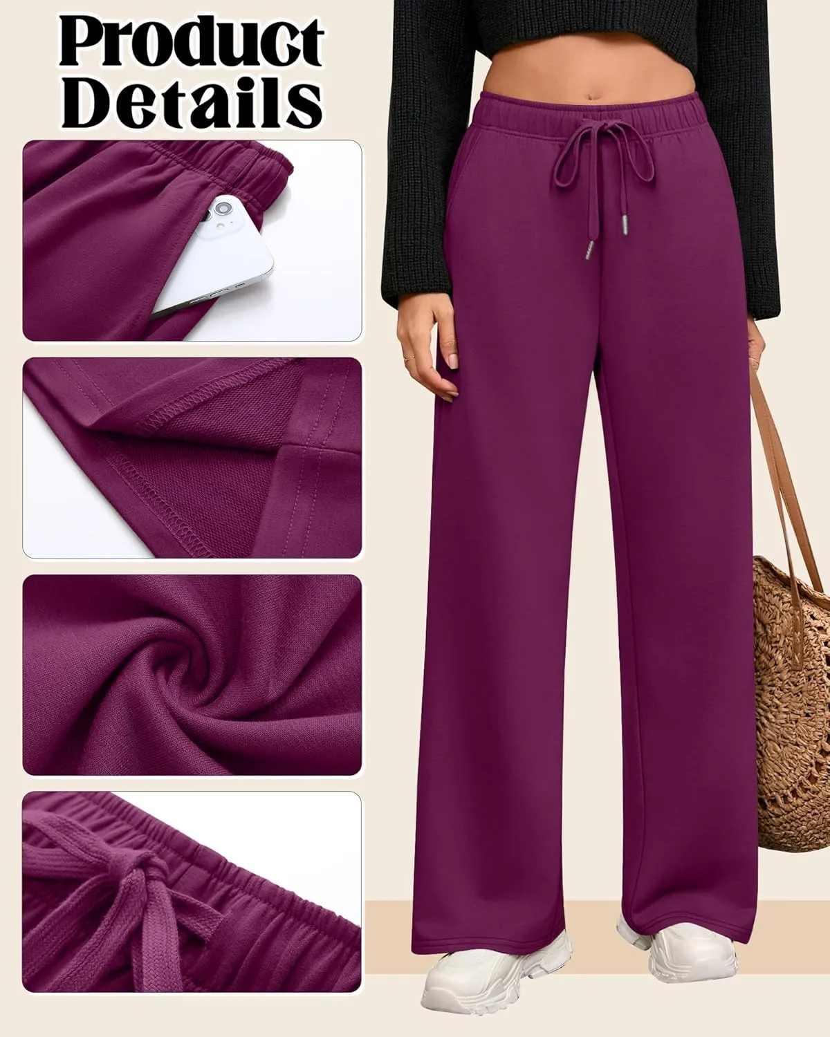 Riyiper 3 Pack Women Wide Leg Sweatpants Drawstring Straight Pants Elastic Waist Joggers Open Bottom Sweatpants with Pockets