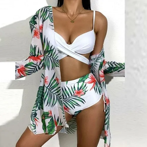 Sexy Three Piece Bikini Sets Women Summer Strap Bra   Cardigan Tops