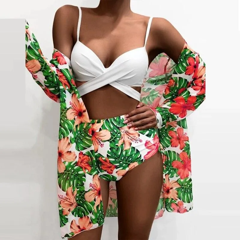 Sexy Three Piece Bikini Sets Women Summer Strap Bra   Cardigan Tops