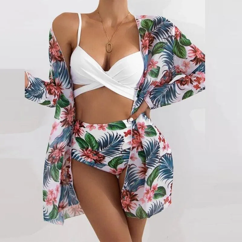 Sexy Three Piece Bikini Sets Women Summer Strap Bra   Cardigan Tops