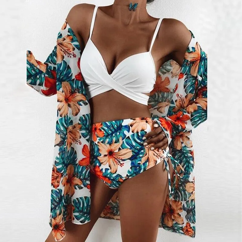 Sexy Three Piece Bikini Sets Women Summer Strap Bra   Cardigan Tops