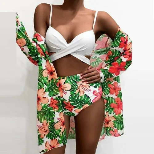 Sexy Three Piece Bikini Sets Women Summer Strap Bra   Cardigan Tops
