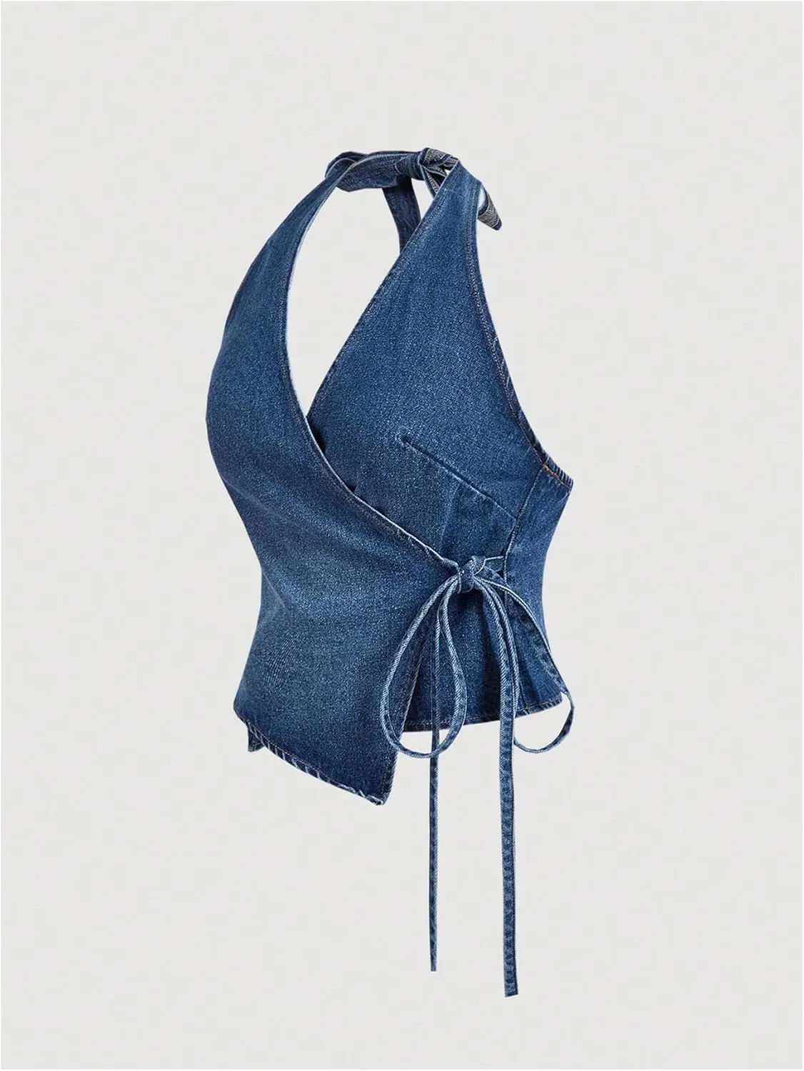 SHENHE Women's Halter Neck Denim Wrap Top Side Tie Backless Vintage Jean Top Shirt