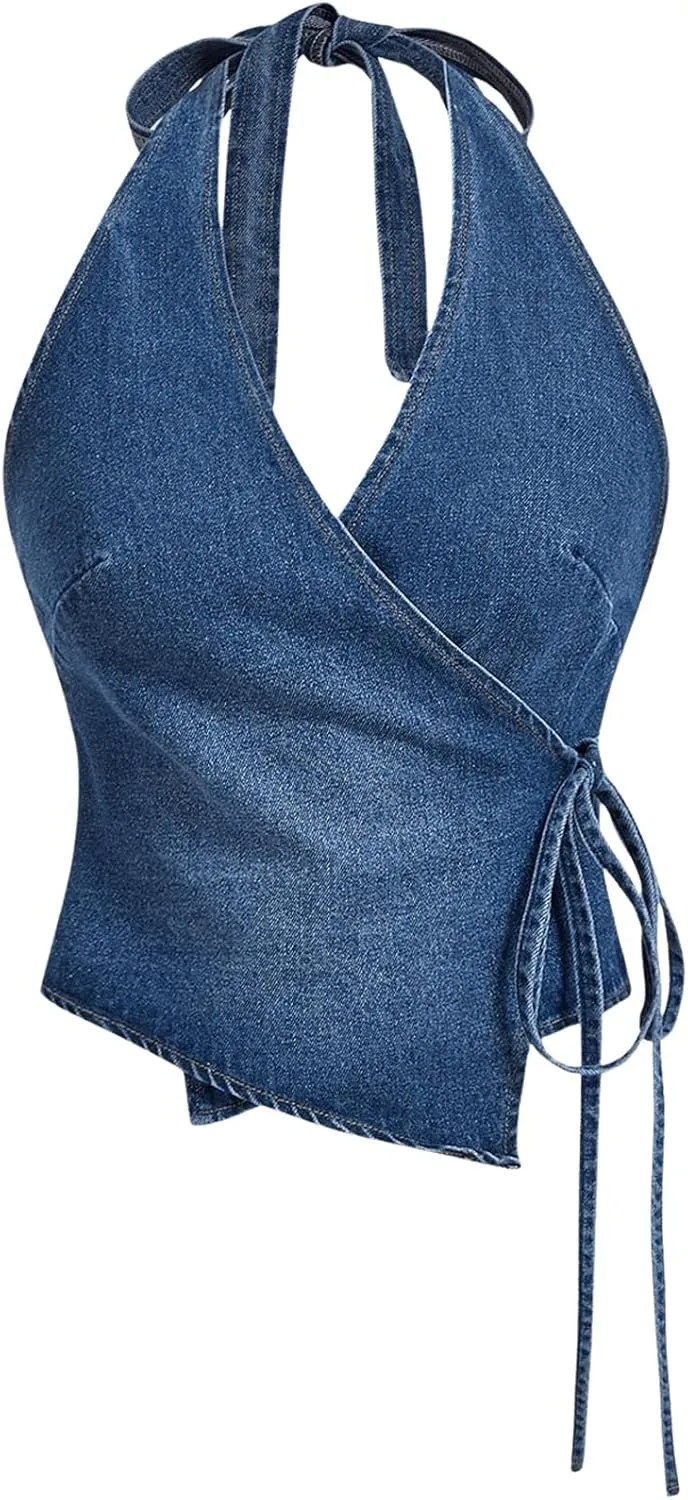 SHENHE Women's Halter Neck Denim Wrap Top Side Tie Backless Vintage Jean Top Shirt