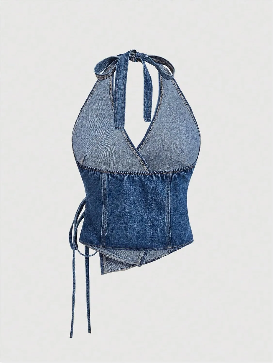 SHENHE Women's Halter Neck Denim Wrap Top Side Tie Backless Vintage Jean Top Shirt