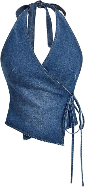 SHENHE Women's Halter Neck Denim Wrap Top Side Tie Backless Vintage Jean Top Shirt