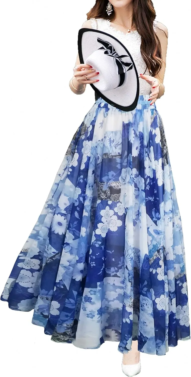 Sinono Womens Long Chiffon Bohemian Skirt Gypsy Dress Maxi Boho Beach Skirt
