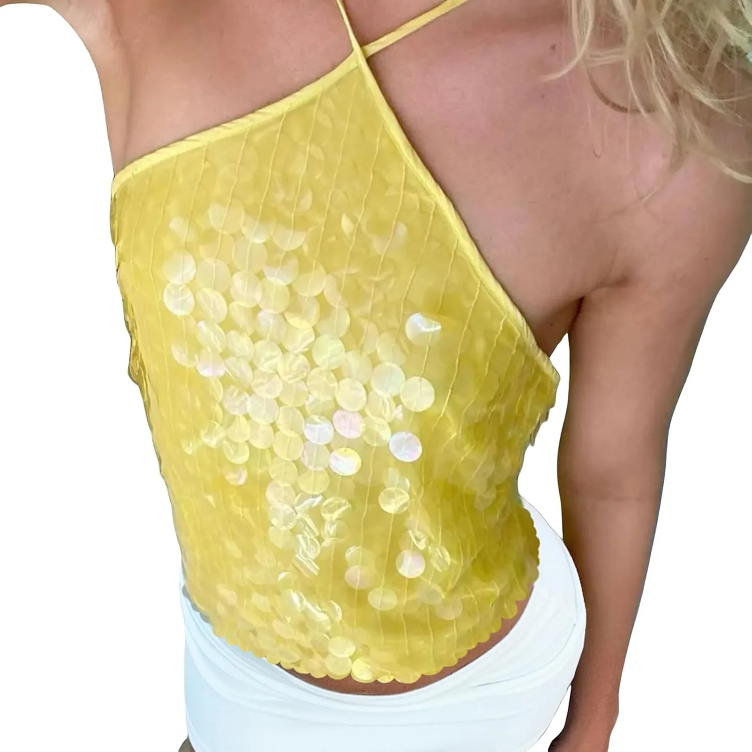 Sparkle Sequin Halter Crop Top for Women Y2K Coquette Glitter Backless Tie Up Cami Tank Top Rave Party Clubwear