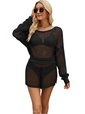 TEEK - Netted Round Neck Top and Shorts Swim Set