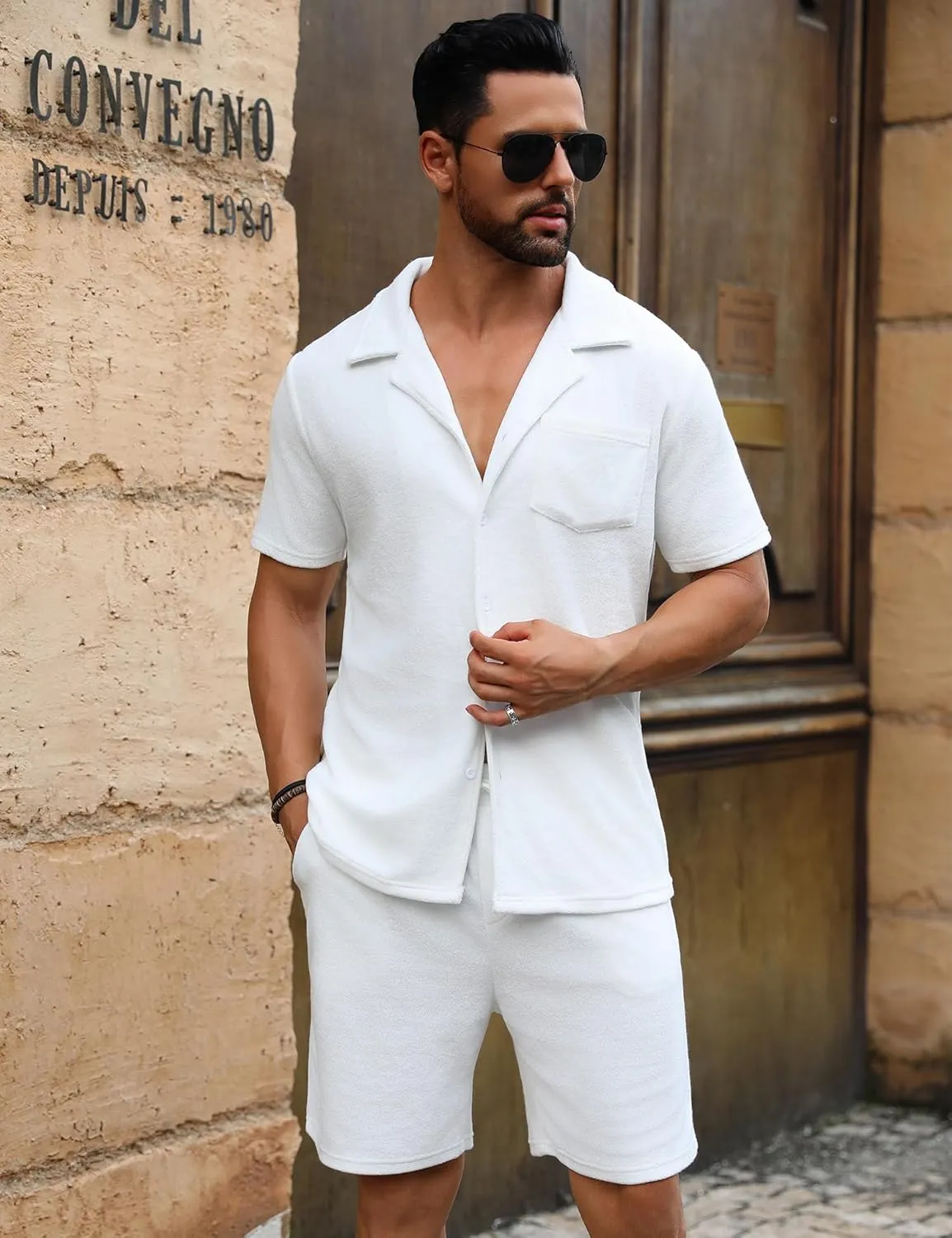 URRU Mens Short Sets 2 Piece Outfits Summer Beach Terry Short Sleeve Button Down Shirt and Shorts Set