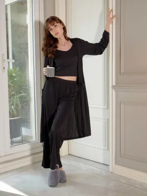 Women Black Rib Strappy Top With Pants & Longline Shrug