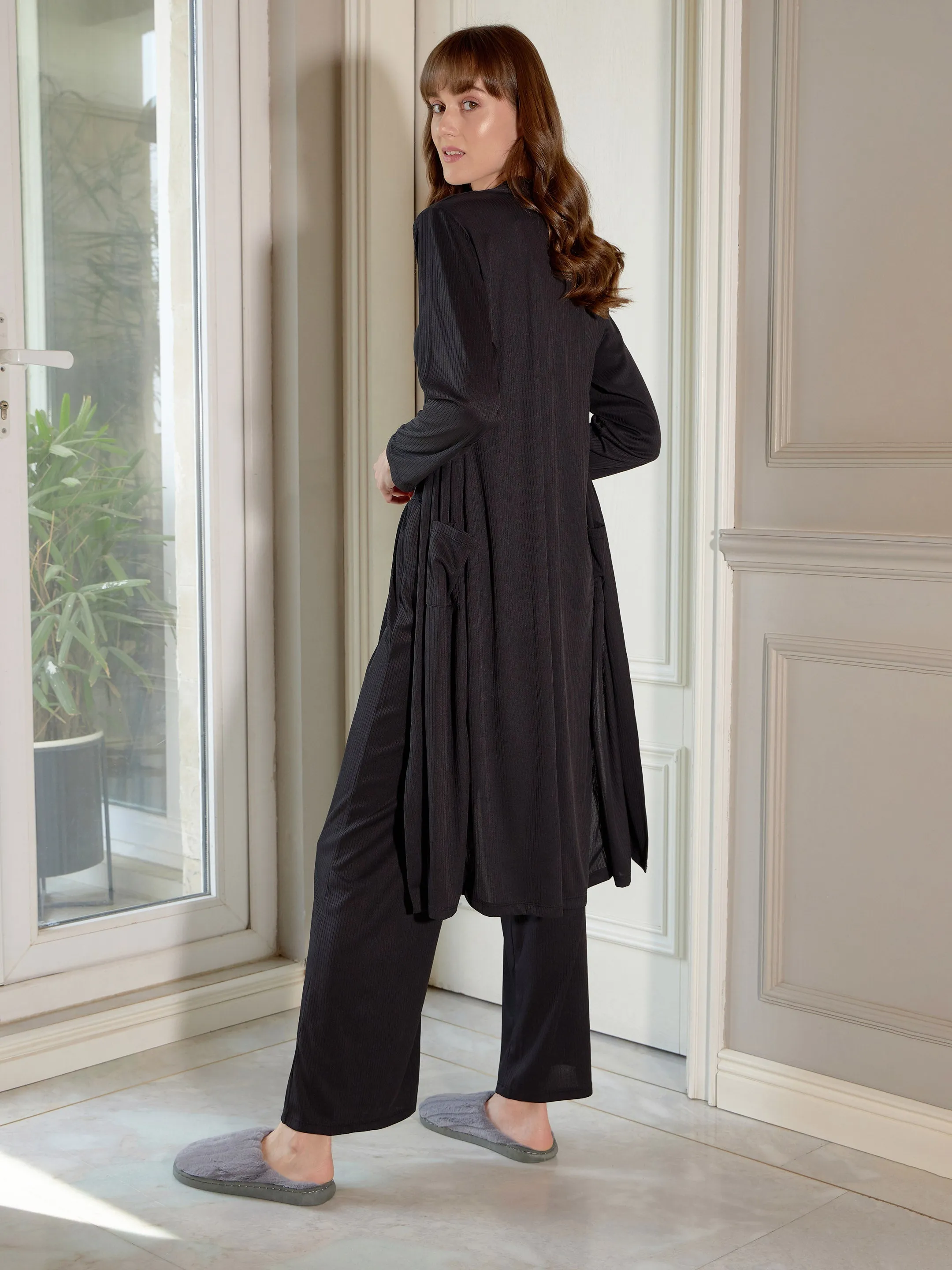 Women Black Rib Strappy Top With Pants & Longline Shrug