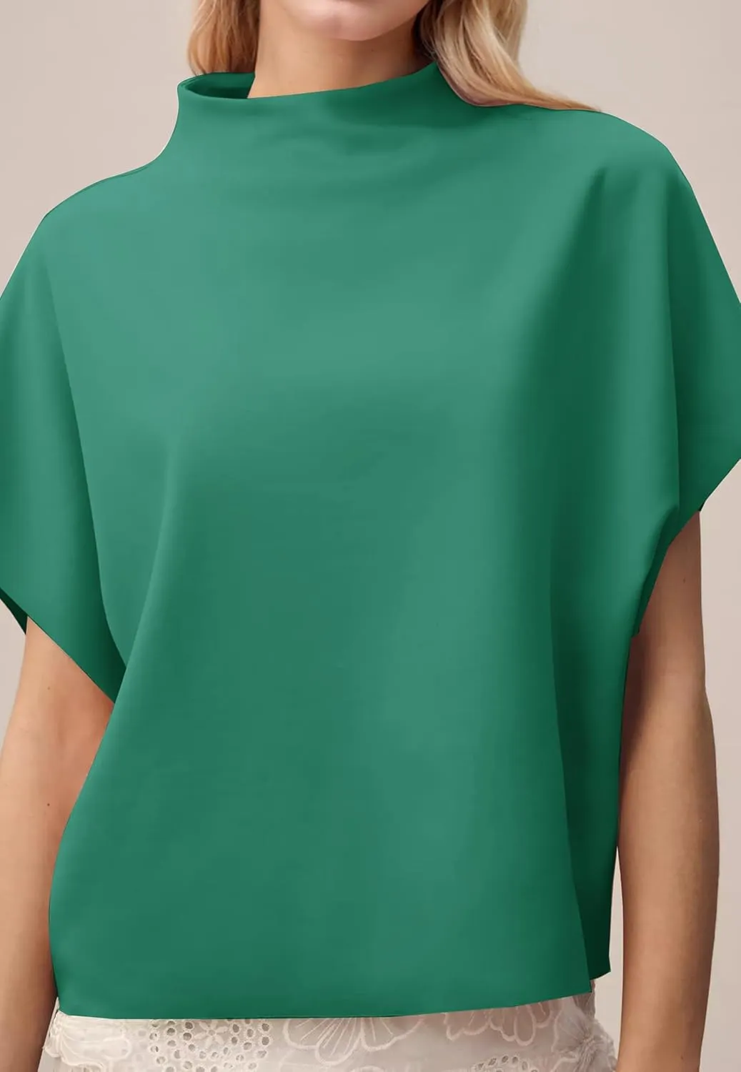 Women Mock Neck Batwing Short Sleeve Loose Tshirt Top Turtle Neck Batwing Sleeve Solid Oversized Tee Shirt Top