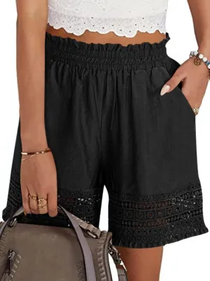 Women's Casual Elastic Waist Yoga Lounge Shorts - Comfy Stretch Lace Trim Summer Beach Linen Ruffle Shorts