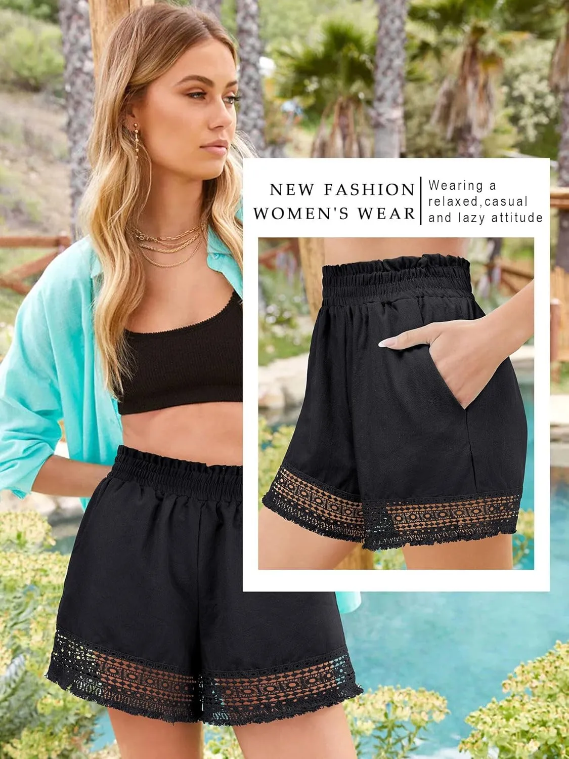 Women's Casual Elastic Waist Yoga Lounge Shorts - Comfy Stretch Lace Trim Summer Beach Linen Ruffle Shorts