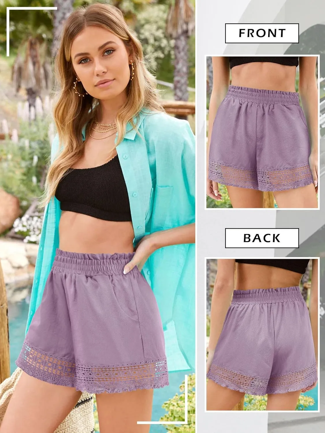 Women's Casual Elastic Waist Yoga Lounge Shorts - Comfy Stretch Lace Trim Summer Beach Linen Ruffle Shorts