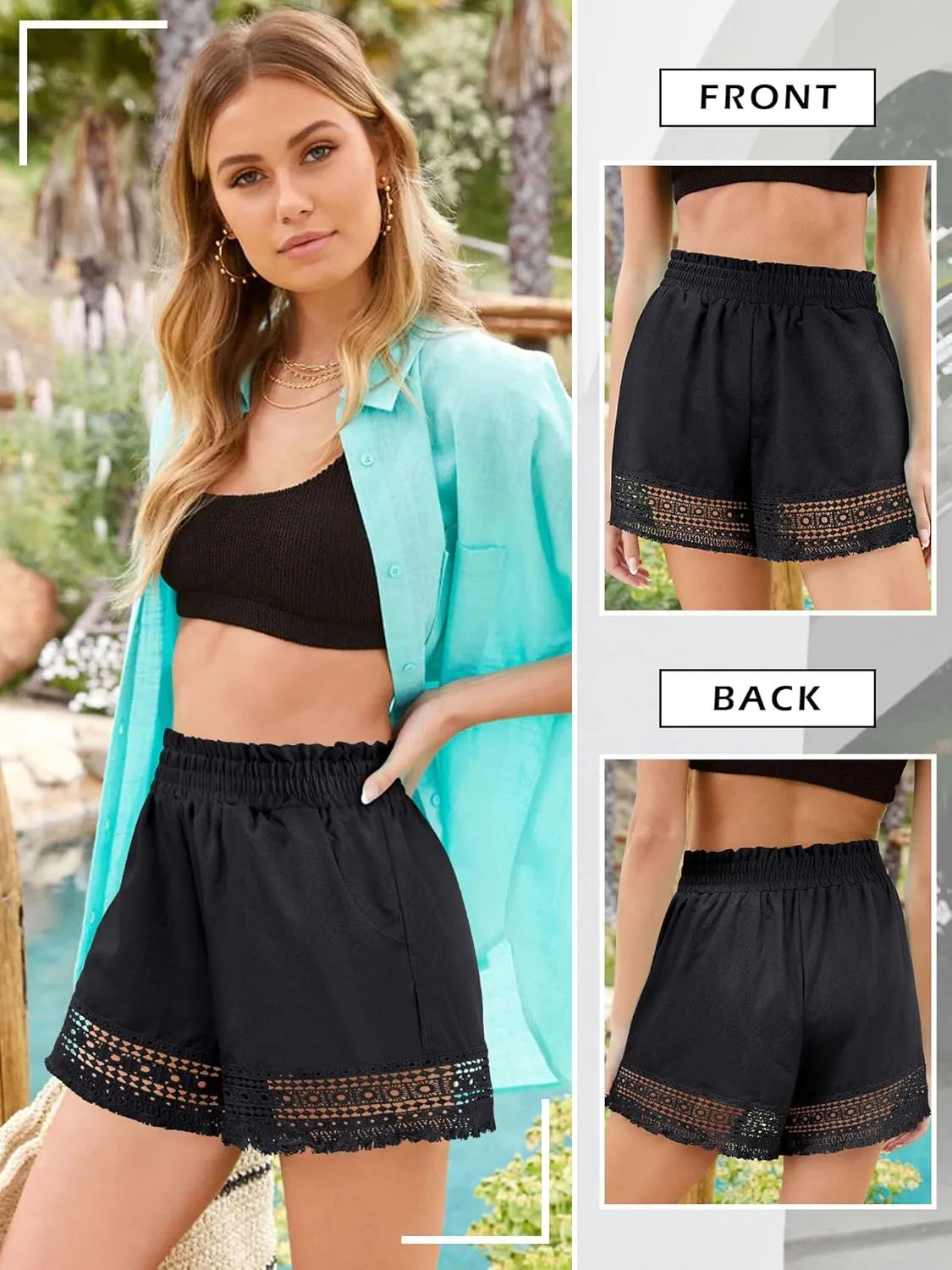 Women's Casual Elastic Waist Yoga Lounge Shorts - Comfy Stretch Lace Trim Summer Beach Linen Ruffle Shorts