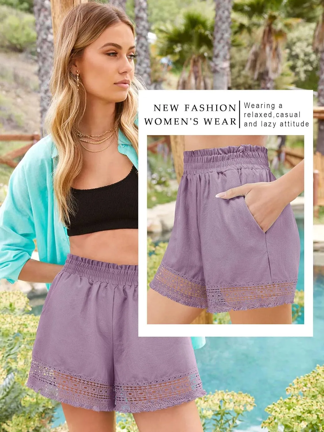 Women's Casual Elastic Waist Yoga Lounge Shorts - Comfy Stretch Lace Trim Summer Beach Linen Ruffle Shorts