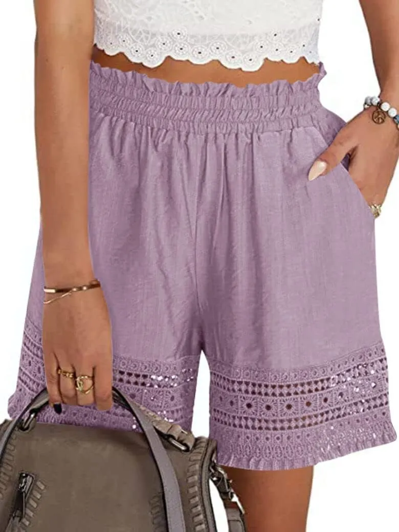 Women's Casual Elastic Waist Yoga Lounge Shorts - Comfy Stretch Lace Trim Summer Beach Linen Ruffle Shorts