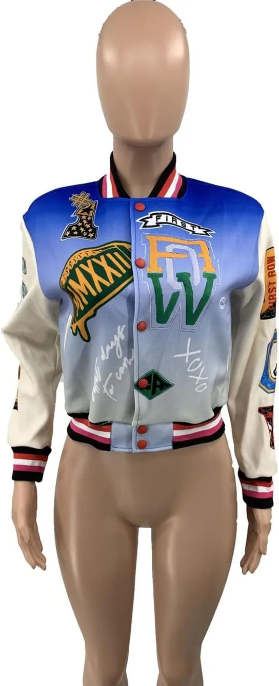 Womens Fashion Ribbed Long Sleeve Graffiti Print Button Casual Baseball Jacket Outwear