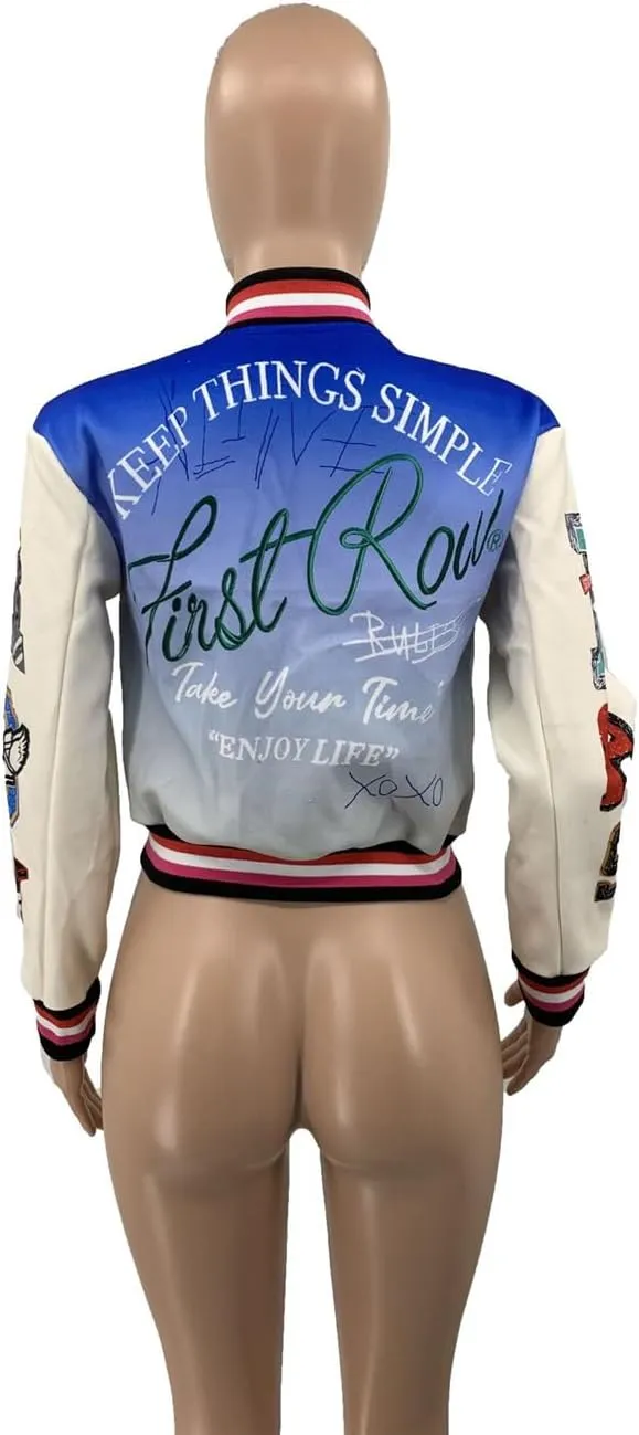 Womens Fashion Ribbed Long Sleeve Graffiti Print Button Casual Baseball Jacket Outwear