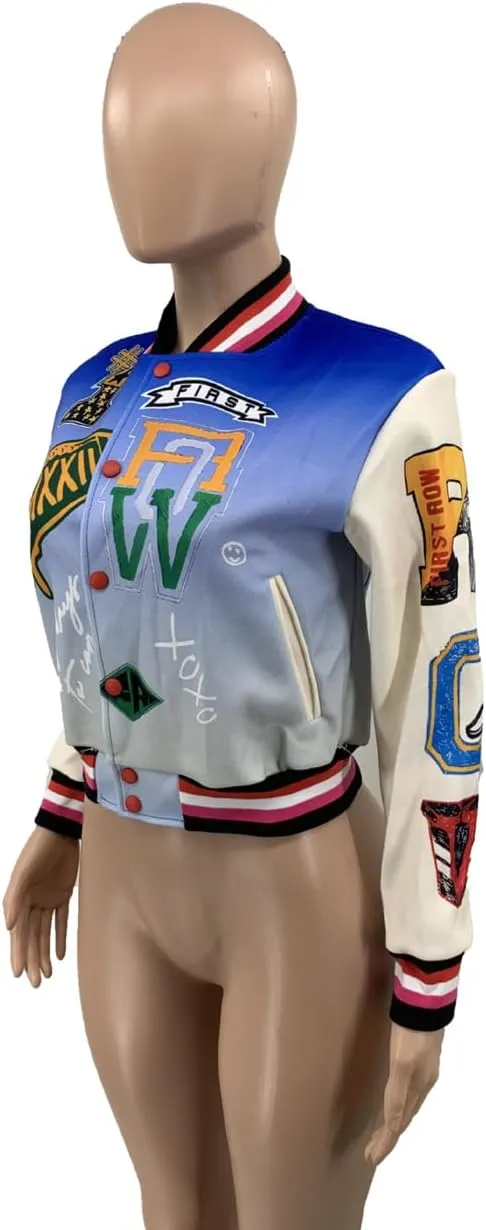 Womens Fashion Ribbed Long Sleeve Graffiti Print Button Casual Baseball Jacket Outwear