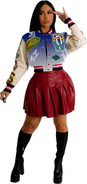 Womens Fashion Ribbed Long Sleeve Graffiti Print Button Casual Baseball Jacket Outwear