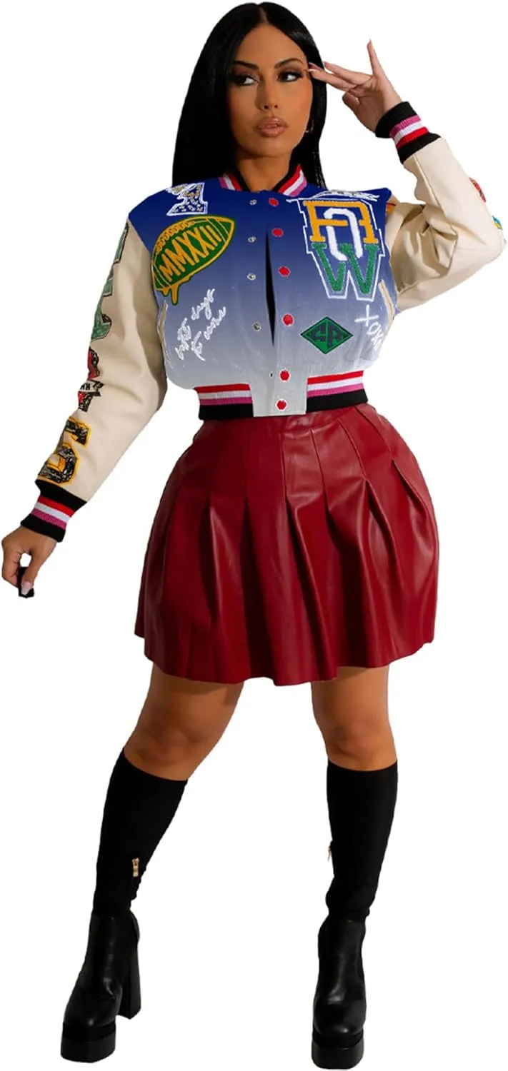 Womens Fashion Ribbed Long Sleeve Graffiti Print Button Casual Baseball Jacket Outwear