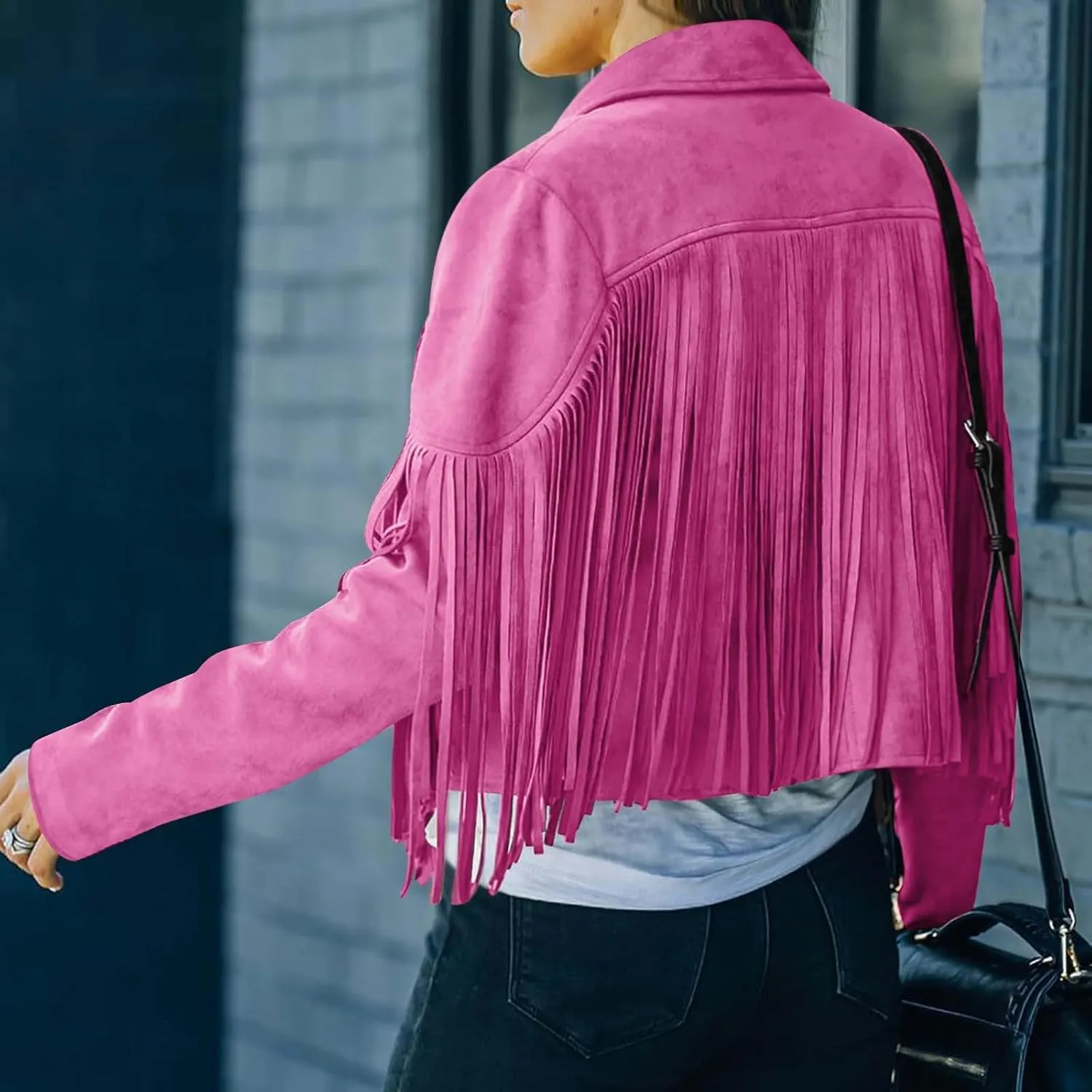 Women's Faux Suede Leather Fringe Jacket Cowgirl Crop Moto Biker Jackets Open Front Tassel Coat Tops 2024 Trendy