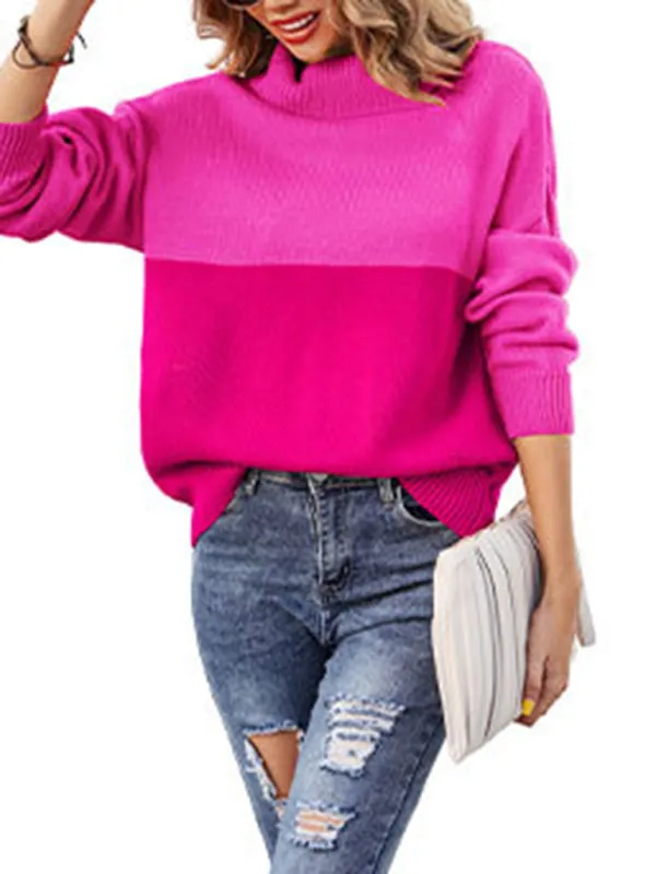 Women's new trendy contrasting color turtleneck pullover sweater