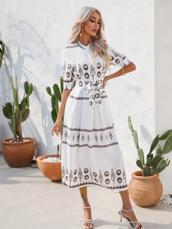 Women's Printed Three-quarter-sleeve Shirred-waist Crepe Maxi Dress