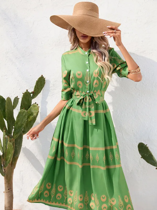 Women's Printed Three-quarter-sleeve Shirred-waist Crepe Maxi Dress