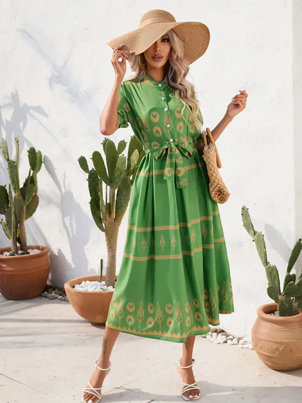 Women's Printed Three-quarter-sleeve Shirred-waist Crepe Maxi Dress