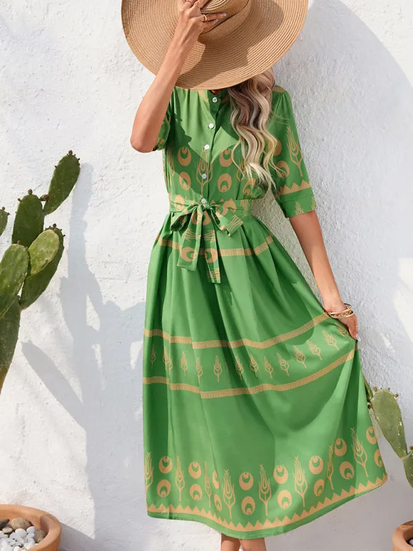 Women's Printed Three-quarter-sleeve Shirred-waist Crepe Maxi Dress