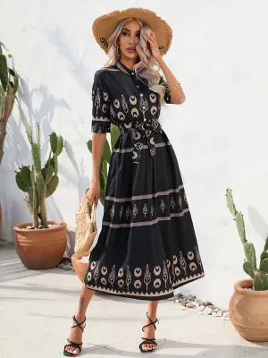 Women's Printed Three-quarter-sleeve Shirred-waist Crepe Maxi Dress