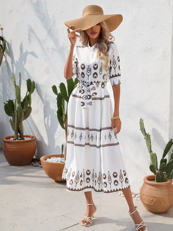Women's Printed Three-quarter-sleeve Shirred-waist Crepe Maxi Dress